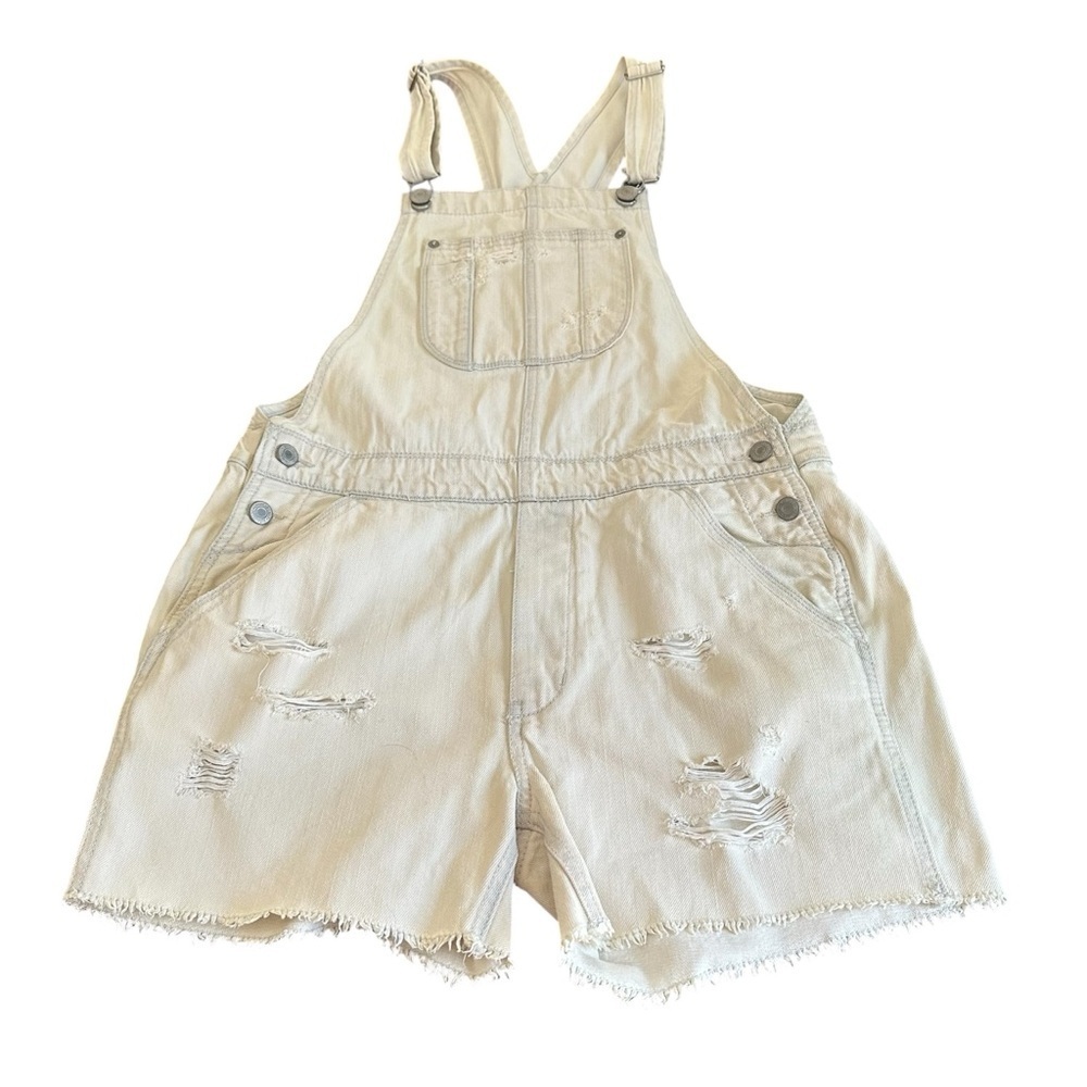 American Eagle Outfitters Cream Distressed Denim Overalls